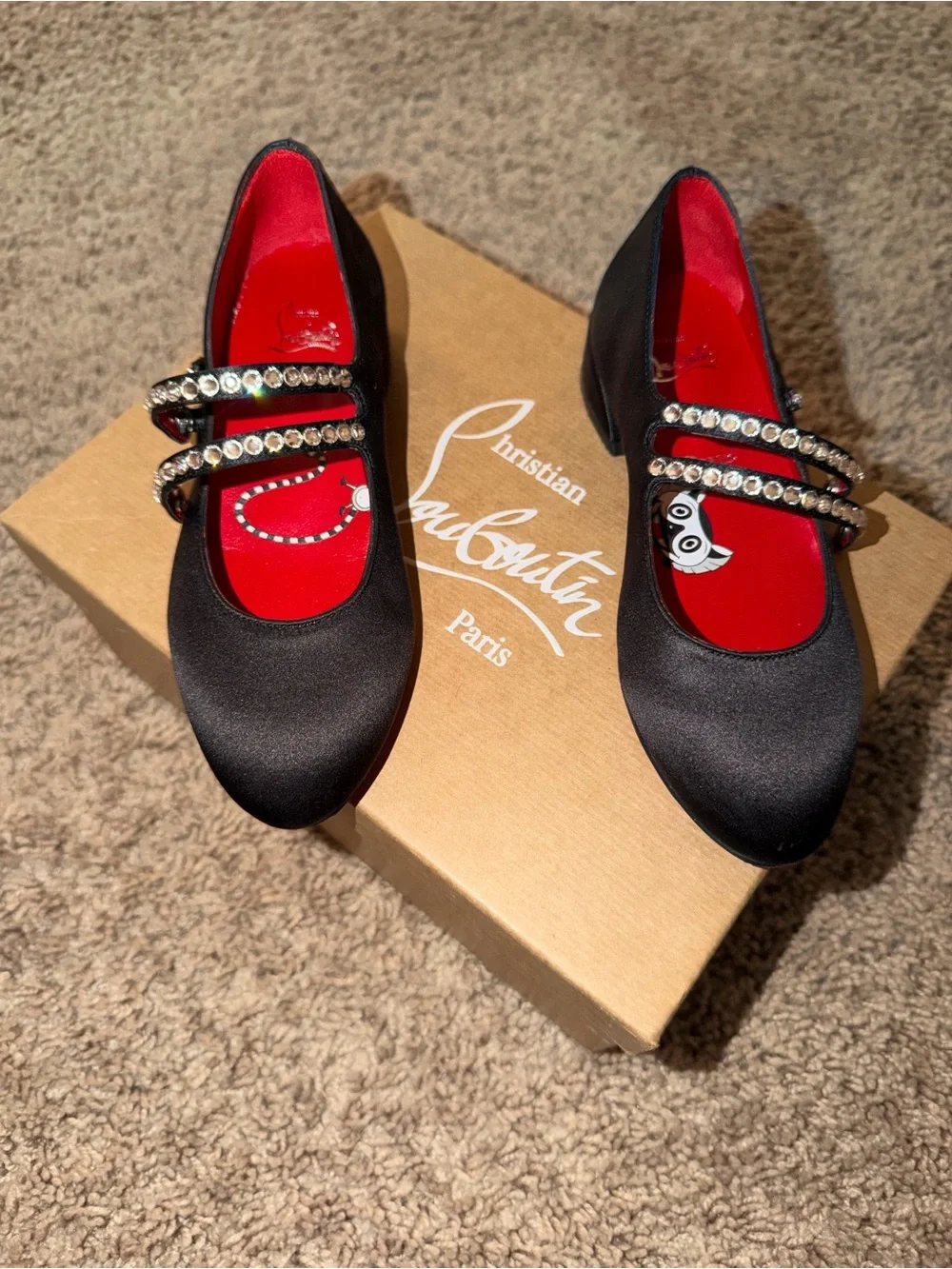 Christian Louboutin Black Satin Girls' Mary Janes with Crystal Straps